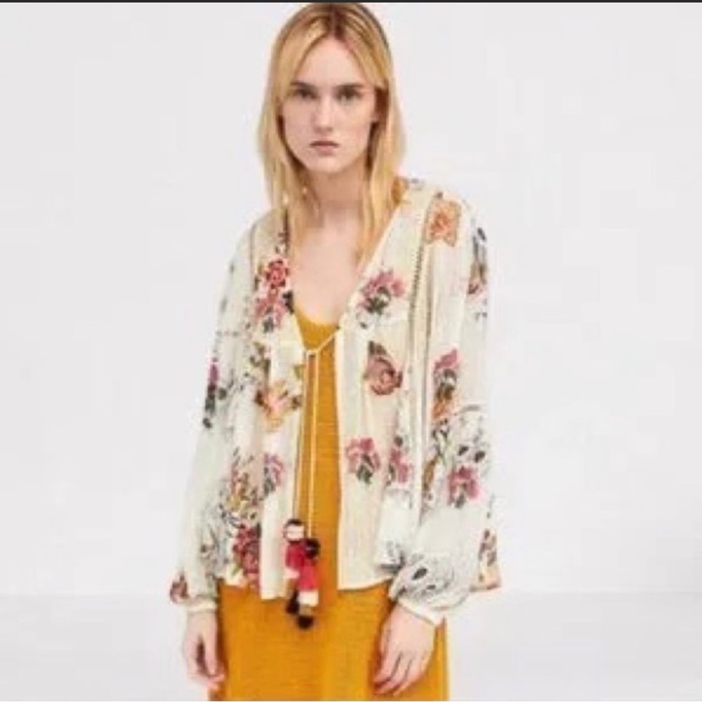 Zara Open front blouse with Pom Pom tie US XL